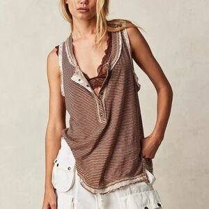 NWOT Free People Love Language Striped Brown Henley Layering Pirate Top Size XL